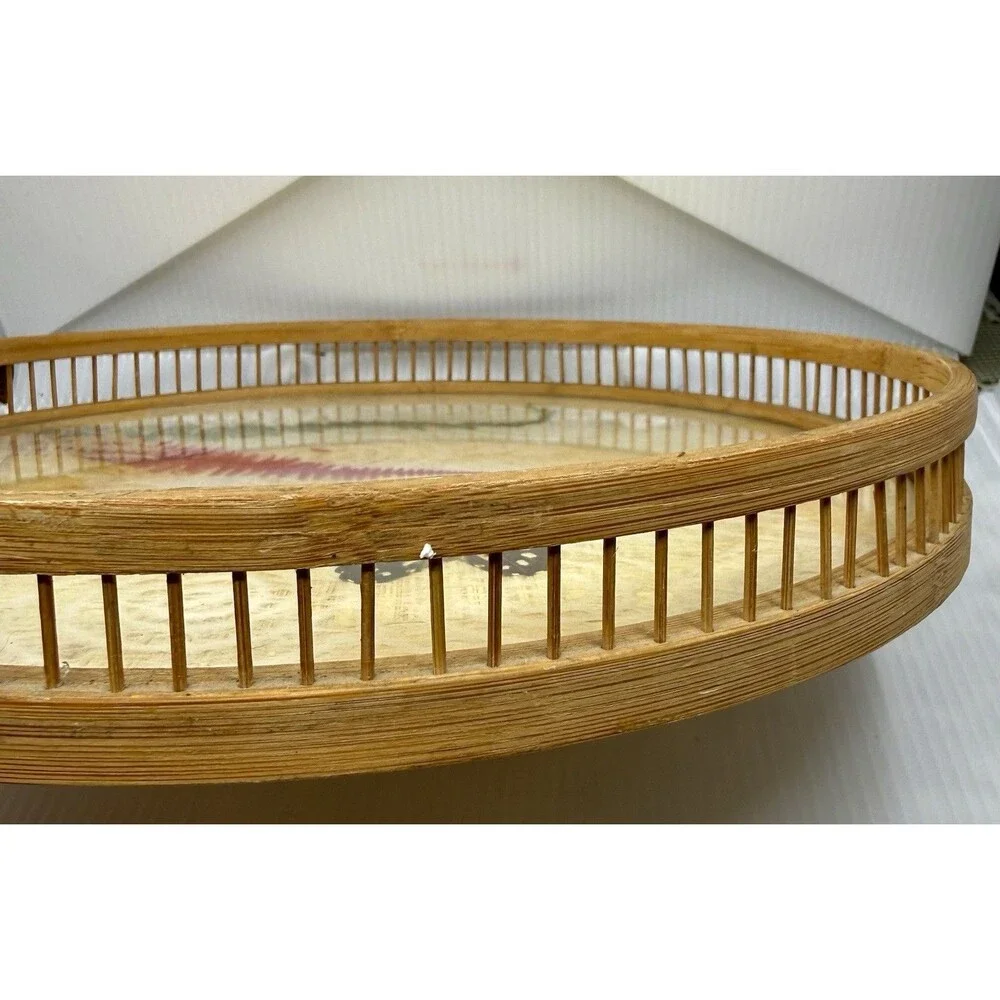 70's Round Bamboo Tray With Pressed Ferns & Butterfly Excellent Condition